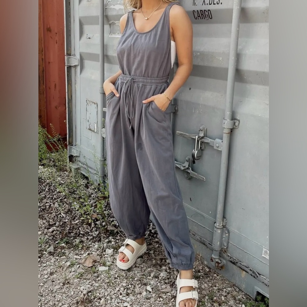 Listicle Charcoal Grey Open Back Jogger Drawstring Jumper Jumpsuit - Picture 7 of 10